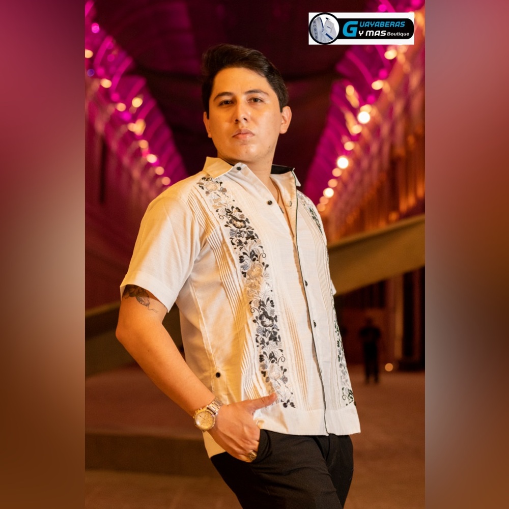 White Mens Guayabera Shirt Black Flower Embroidery - Short Sleeve - Handmade